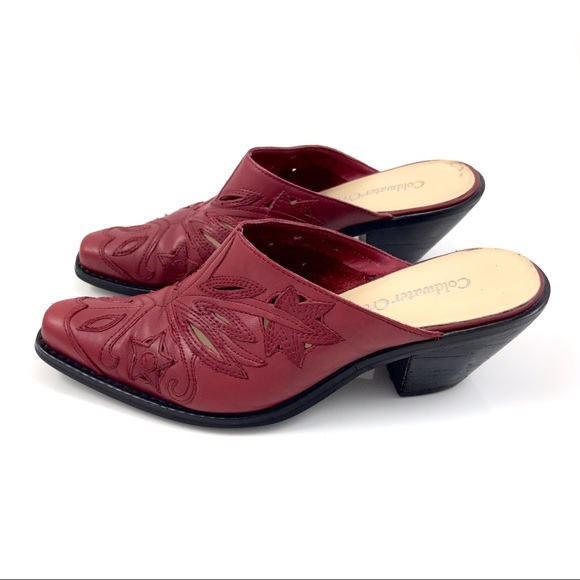 Vintage Shoes - VTG red leather star cut out cowboy boot mules